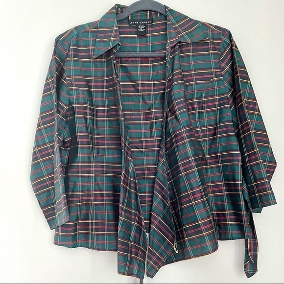 Vintage Anne Carson 100% Silk Wrap Top Holiday Green Red Gold Tartan Plaid - Picture 7 of 8
